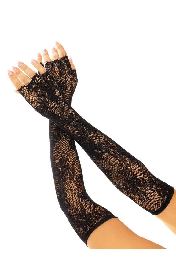 Women's Seamless opera length floral net fingerless gloves, Black, One Size