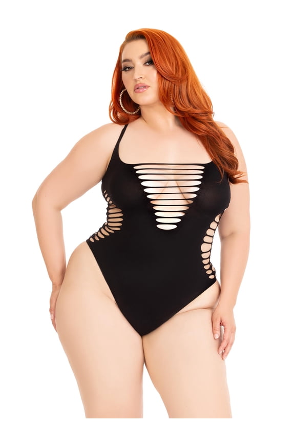 Women's Seamless shredded racer back thong bodysuit, Black, 1X-2X