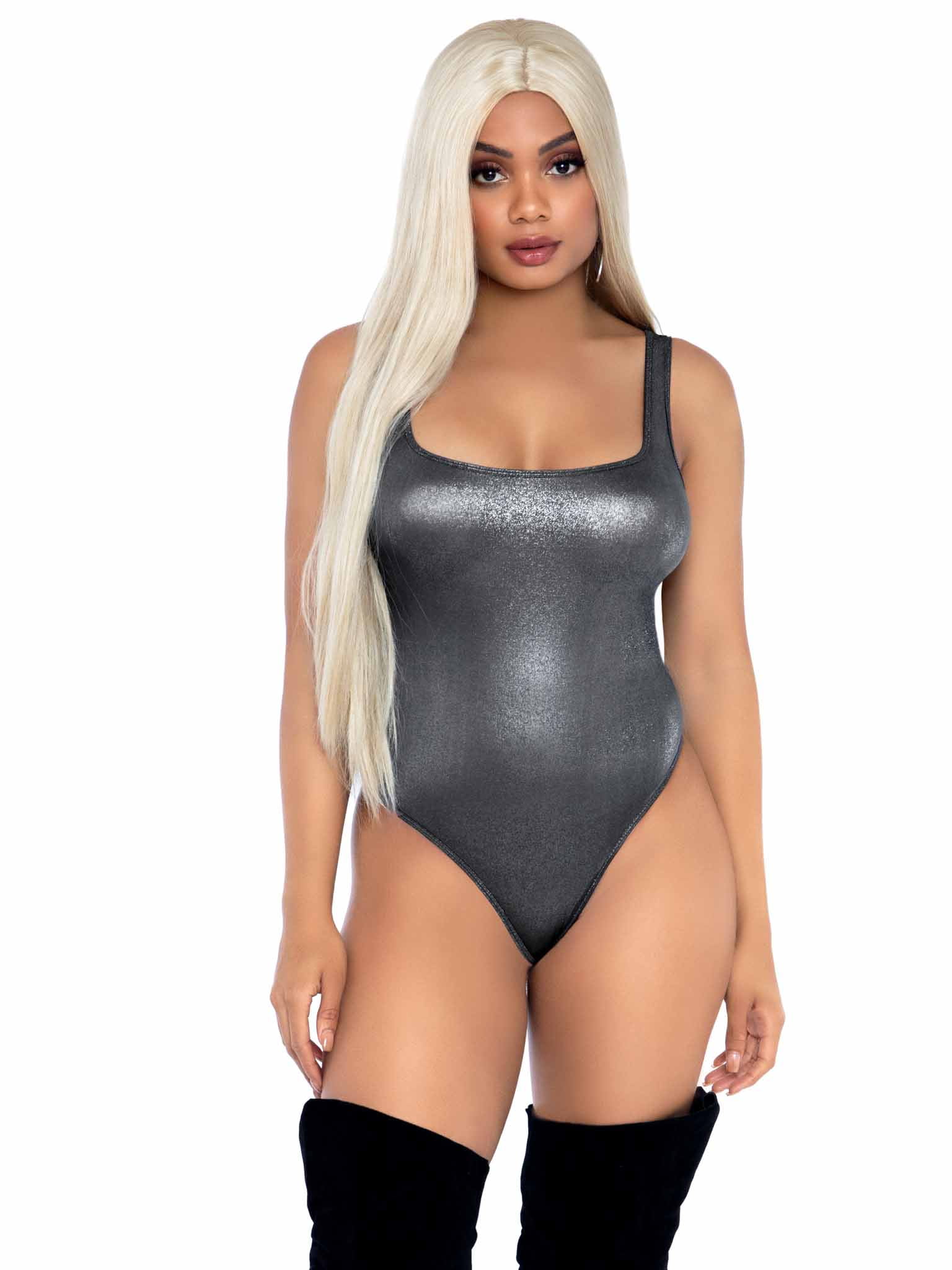 Leg Avenue Women's Shimmer Spandex Snap Crotch Thong Bodysuit