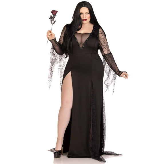 Leg Avenue Women's Spooky Beauty Costume with Backless Deep-V Dress, Spiderweb Gauntlet Sleeves, High Slit Tentacle Skirt