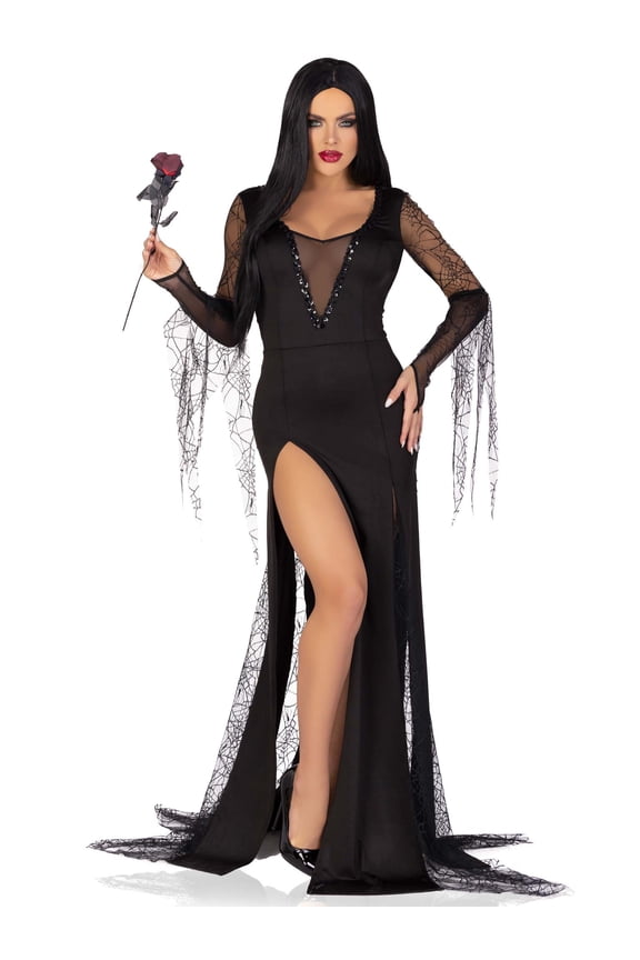 Women's Spooky Beauty Costume with Backless Deep-V Dress, Spiderweb Gauntlet Sleeves, High Slit Tentacle Skirt