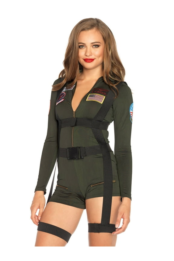Women's Top Gun Short Romper Halloween Costume, Green, Large