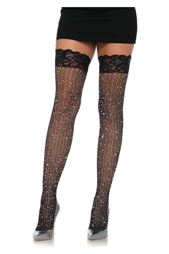 Womens Stay-Up Lace Top Lurex Shimmer Fishnet Thigh Highs, O/S, Black