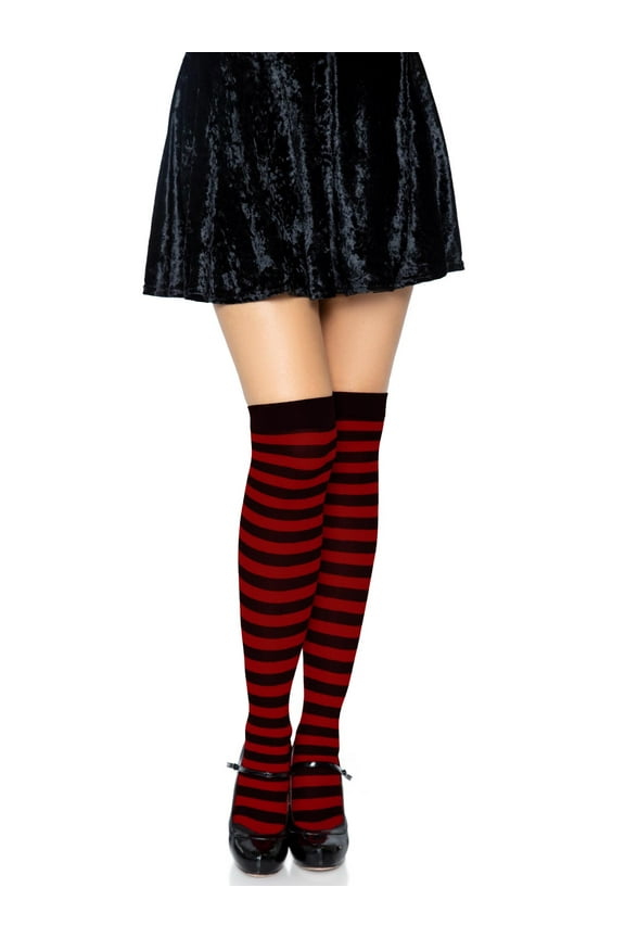 Womens Striped Thigh High Stockings, Black/Red, One Size