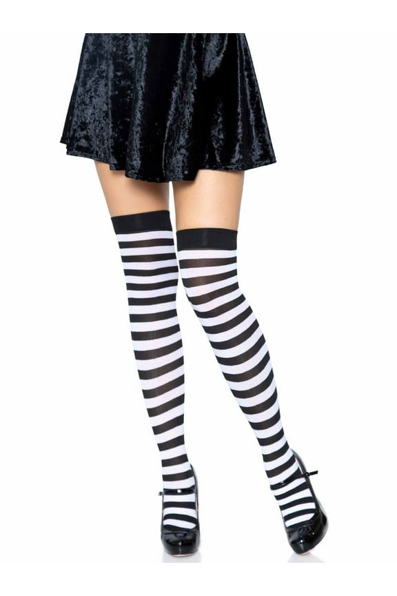 Womens Striped Thigh High Stockings, Black/White, One Size