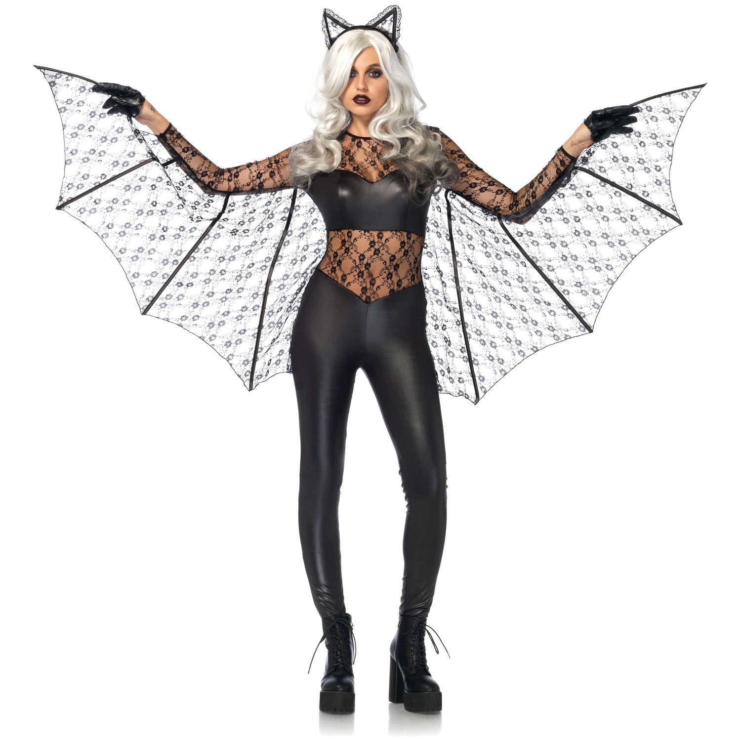 Leg Avenue 's 2Pc.Black Magic Bat,Wet Look Lace Catsuit W/Wing Sleeves,Headband Small Black