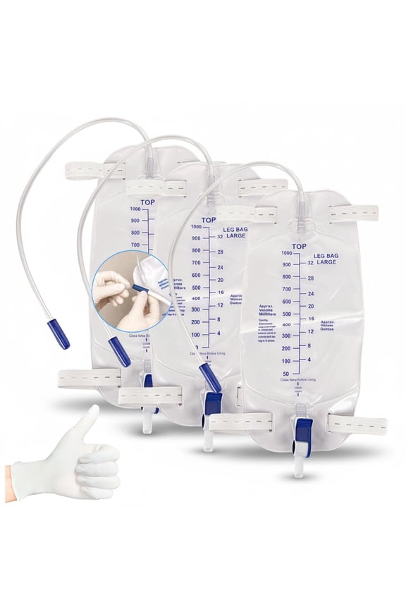 Leg Bag 1000mL/33.8oz – Urinary Catheter for Men, Women,Foley Catheter Leg Bag – Anti-Reflux Valve, Easy Flip Drain, 18" Tubing, Adjustable Leg Cloth Straps,10-Pack with 10 Pairs Gloves (1/Bag)