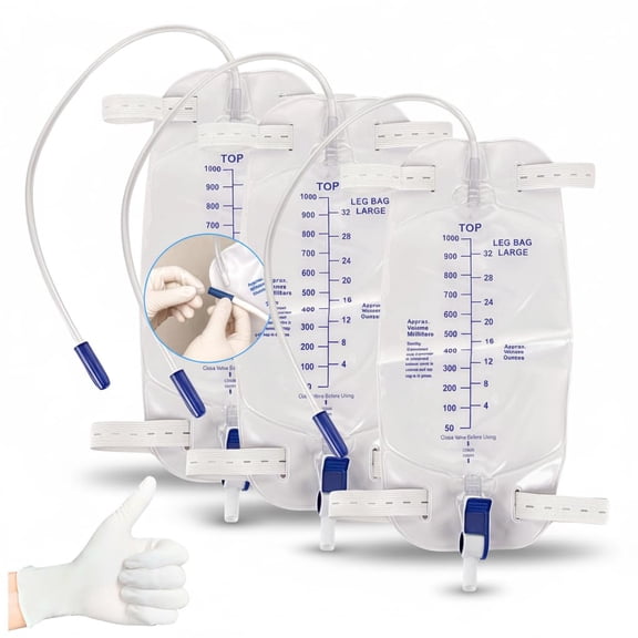 Leg Bag 1000mL/33.8oz Urinary Catheter for Men, WomenFoley Catheter Leg Bag Anti-Reflux Valve, Easy Flip Drain, 18" Tubing, Adjustable Leg Cloth Straps3-Pack with 3 Pairs Gloves (1/Bag)
