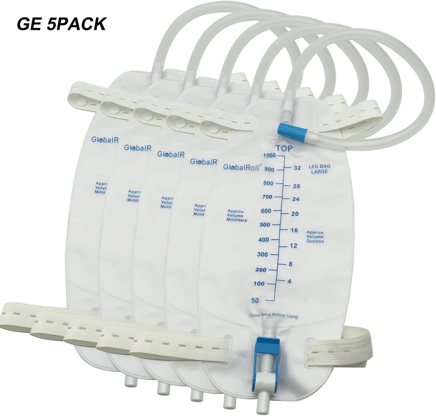 Leg Bag 5 Pack,Urinary Leg Bag, Medical Drainage Bag With 1000 mL ,Volume2 Adjustable Elastic Bands, Professional Urinary Bag for Home and Hospitals Health Aids, 5 Pack