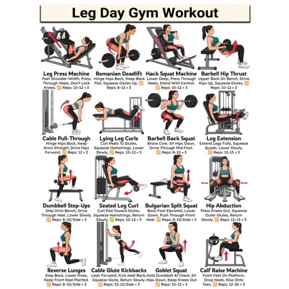Leg Day Gym Workout Poster for Women, Glutes and Legs Machine Guide, Women Lower Body Exercise Chart, Butt Lift, Booty & Legs Training poster