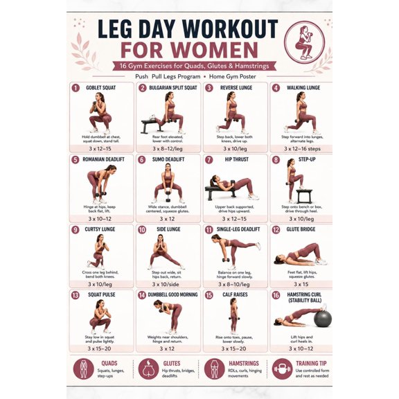 Leg Day Workout Unframed poster for Women Gym Exercise Chart Unframed poster12x18inch, Printable lower body routine for quads glutes