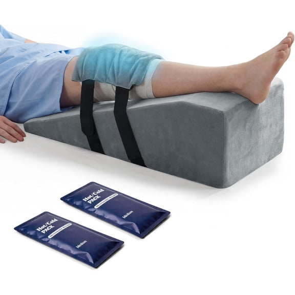 Leg Elevation Pillow After Surgery with 2 Cold Therapy Packs, Post-Surgery Knee Replacement Pillow for Pain Relief & Swelling Reduction, Single Leg Ankle Support, Home Recovery Equipment