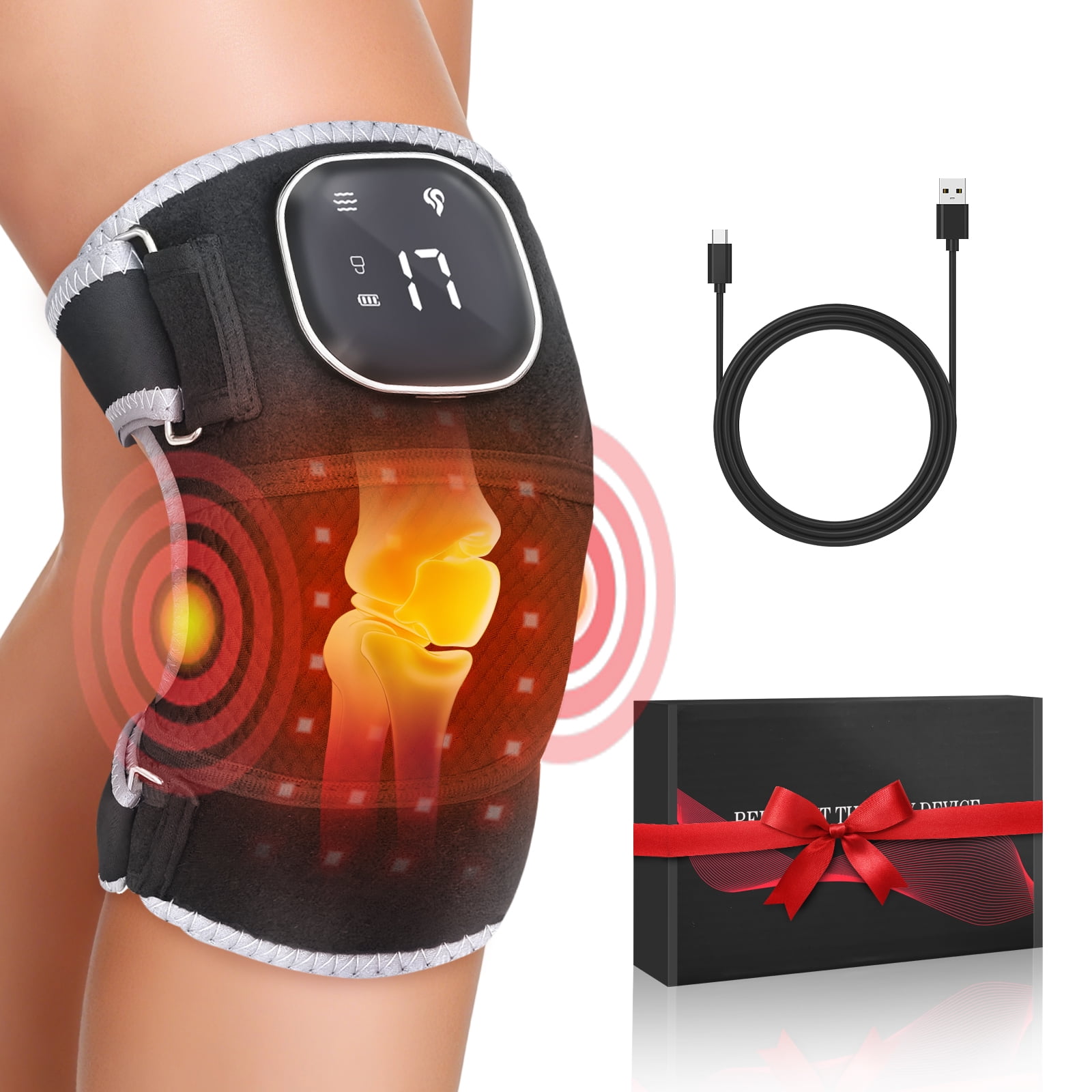 Heated Knee Massager with Red Light, Cordless Knee Wrap with Vibration Massage, 660 & 850nm Red Light for Joint/Elbow/Shoulder Massager for Family
