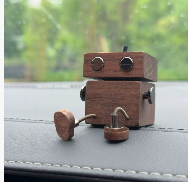 Leg-Shaking Wooden Robot Car Air Freshener - Black Walnut Vent Clip Decor, Flameless Aroma Diffuser for Car, Cute Gift Idea