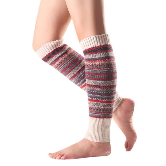Leg Warmer Womens LSQii Retro Striped Ribbed Knit Long Sock Extra Soft Loose Warm Thermal Knee High Footless Yoga Spory Everyday Wear Beige,Under $3