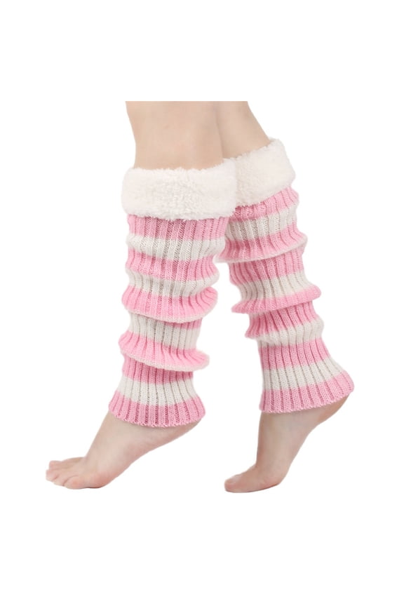 Leg Warmers for Women Girl 80S Y2K Ribbed Striped Leg Warmer Fleece Plush Trim Knitted Christmas Socks Fall Winter Streetwear Striped Knit Leg Warmers Christmas Leg Sleeves Knee Length Leg Cover Sock