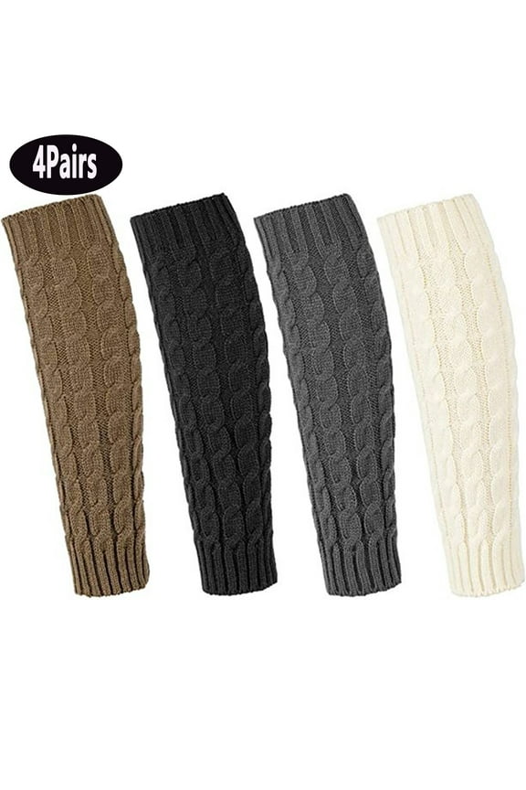Leg Warmers Women's Fashion Knitted Long Boot Socks, 4 Pairs Knee High Cable Knit Thermal Winter Sleeve for Lady(Black,White,Brown,Gray)