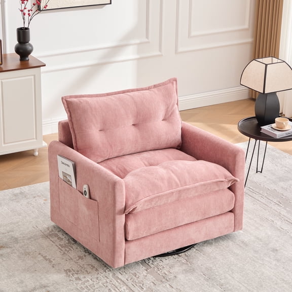 LegaHome 360° Swivel Accent Chair, Mid Century Modern Swivel Barrel Chair, Thick Padded Arm Chair with Side Pocket & Solid Metal Base, Comfortable Single Sofa for Living Room, Pink