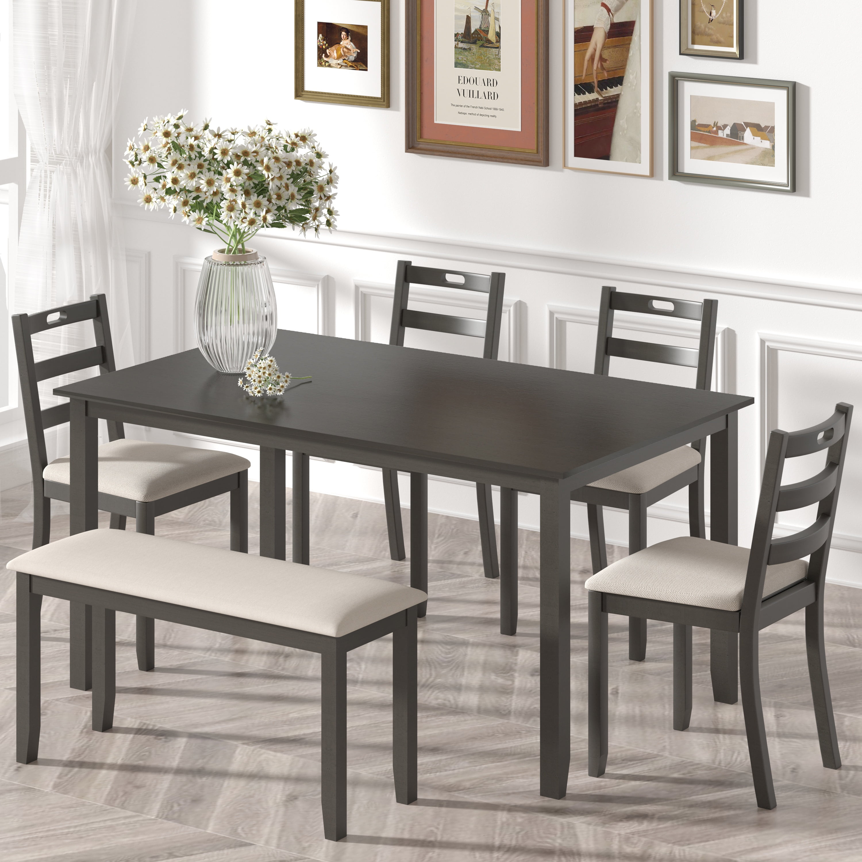 LegaHome 6 Piece Dining Table Set with Bench, New Upgraded Solid Wood Family Dining Room Set with Foldable Table, 4 Upholstered Chairs and Bench, LegaHome 6 Piece Dining Table Set with Bench, New Upgraded Solid Wood Family Dining Room Set with Foldable Table, 4 Upholstered Chairs and Bench,