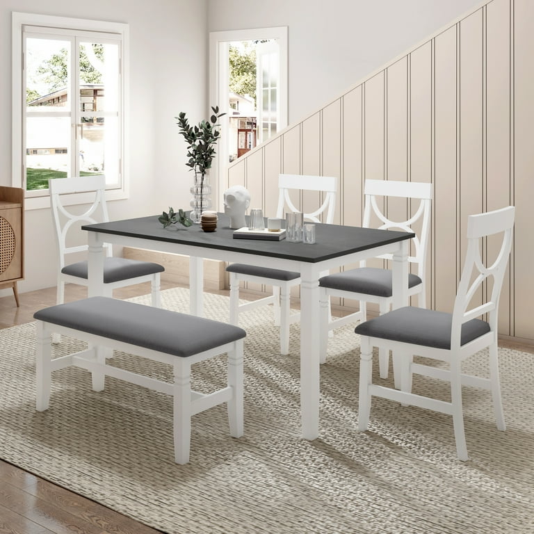 LegaHome Modern Farmhouse 6 Piece Dining Set Solid Wood Table 4 Chairs Upholstered Bench White Walmart