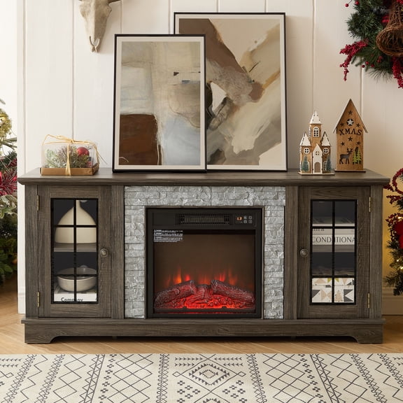 Fireplace TV Stand for TVs up to 65", Paproos Farmhouse TV Stand with 18" Electric Fireplace, Entertainment Center Televison Console Table with Realistic Stacked Stone & Adjustable Shelves, Grey