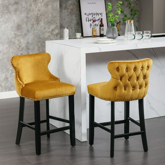LegaHome Bar Stools Set of 2, Velvet Upholstered Bar Stool with Back, Button Tufted Counter Height Bar Chair with Solid Wood Legs and Nailhead Trim, Yellow
