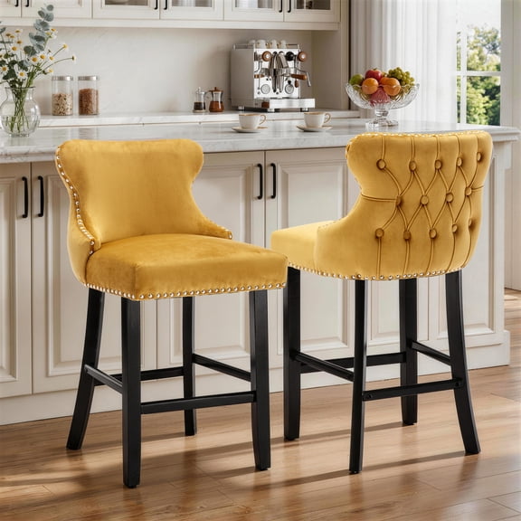 Bar Stools Set of 2, LegaHome 26" Counter Height Bar Stools with Back Sets of 2, Velvet Upholstered Bar Stool with Button Tufted & Nailhead Trim, Counter Stool for 35-39" Kitchen Island, Yellow
