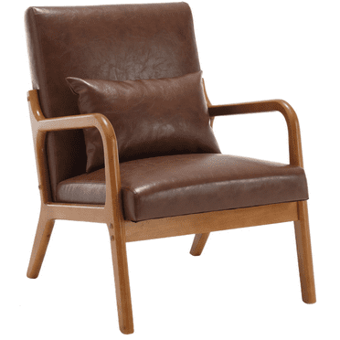 LegaHome Mid-Century Modern Accent Chair, PU Leather Arm Chair with Solid Wood Frame and Pillow, Upholstered Armchair Comfort Reading Chair Lounge Chair for Living Room Bedroom Guest Room, Brown