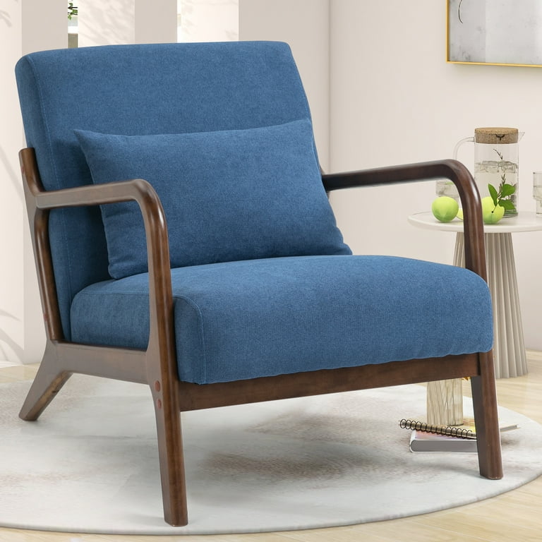 LegaHome Blue Upholstered Arm Chair Mid Century Modern Accent Chair with Wood Frame and Waist Cushion Cushioned Reading Chair Leisure Lounge