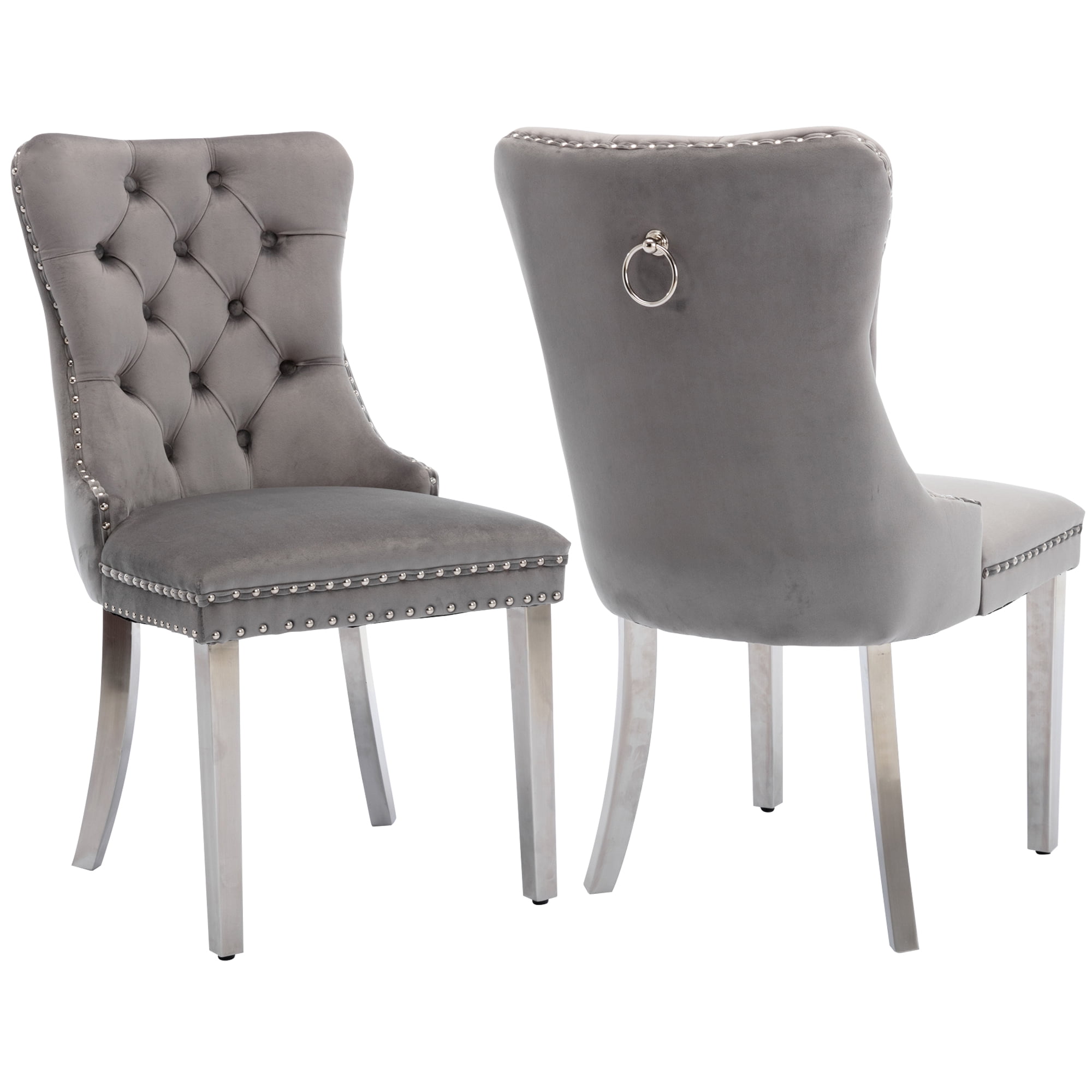 LegaHome Dining Chairs Set of 2, Modern Upholstered Velvet Dining Room Chairs with Nailhead Trim and Chrome Stainless Steel Plating Solid Wood Legs, Tufted Button Padded Chairs Set for Kitchen, Gray