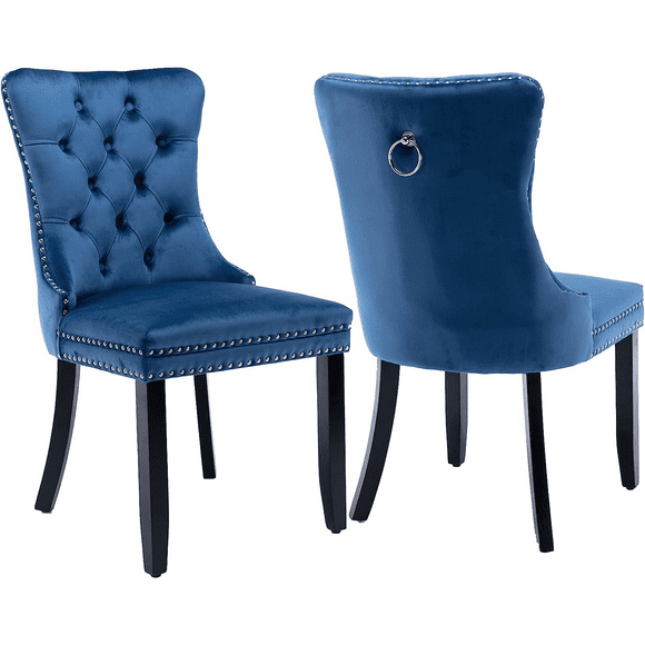 LegaHome Dining Chairs Set of 2, Velvet Upholstered Dining Chair with Nailhead Trim&Solid Wood Legs, Button Padded Dining Chairs Set for Kitchen Dining Room Living Room, Blue