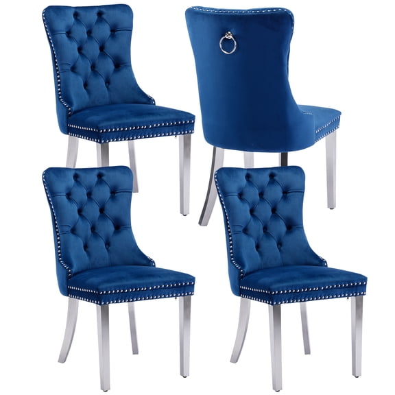 PAPROOS Dining Chairs Set of 4, Upholstered Velvet Dining Room Chairs with Nailhead Trim and Chrome Stainless Steel Plating Solid Wood Legs, Tufted Button Padded Kitchen Chairs Set, Blue