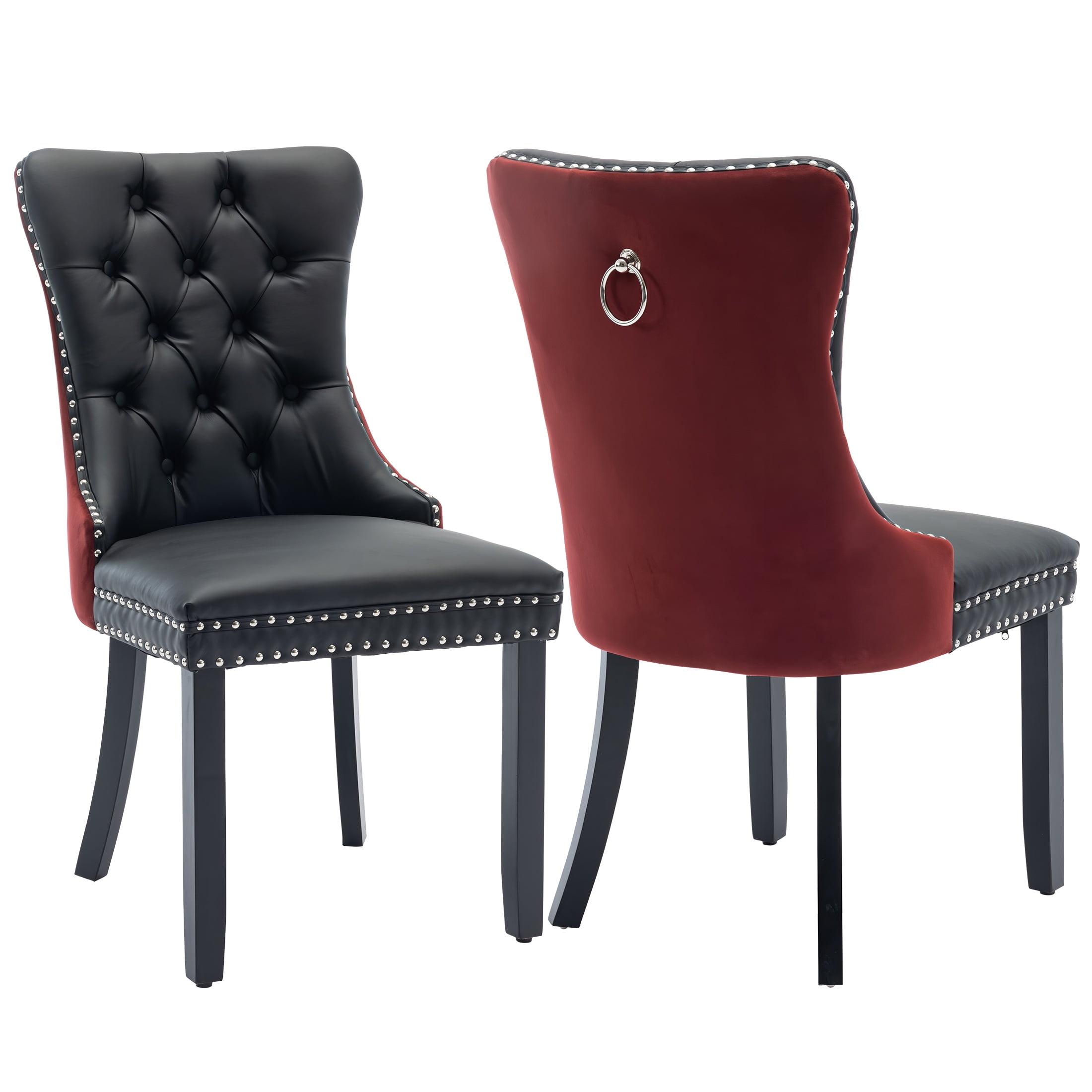 LegaHome Dining Room Chairs Set of 2, Modern Upholstered Velvet and PU Leather Dining Chair with Nailhead Trim&Solid Wood Legs, Tufted Button Padded Kitchen Dining Chairs Set, Black&Burgundy