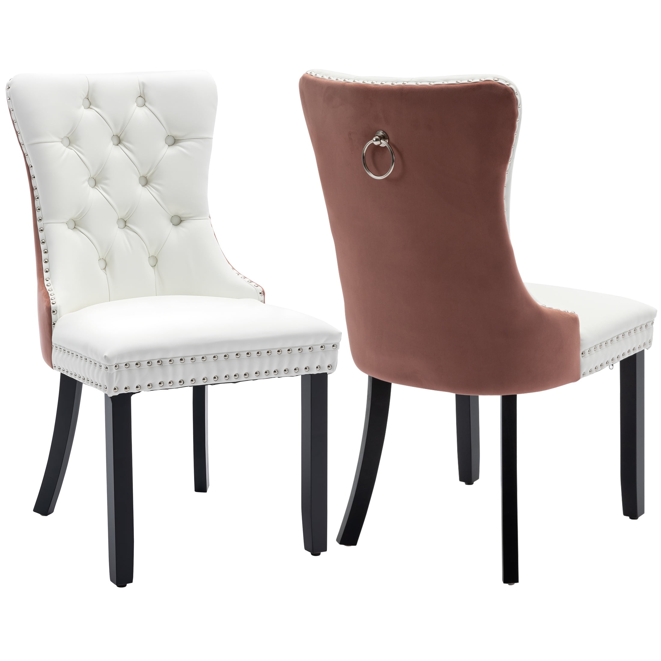 LegaHome Dining Room Chairs Set of 2, Modern Upholstered Velvet and PU Leather Dining Chair with Nailhead Trim&Solid Wood Legs, Tufted Button Padded Kitchen Dining Chairs Set, White&Pink
