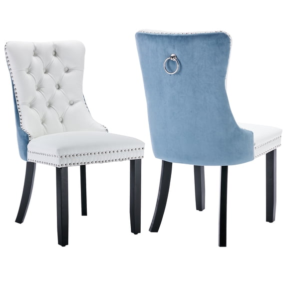 LegaHome Dining Room Chairs Set of 2, Modern Upholstered Velvet and PU Leather Dining Chair with Nailhead Trim&Solid Wood Legs, Tufted Button Padded Kitchen Dining Chairs Set, White&Light Blue
