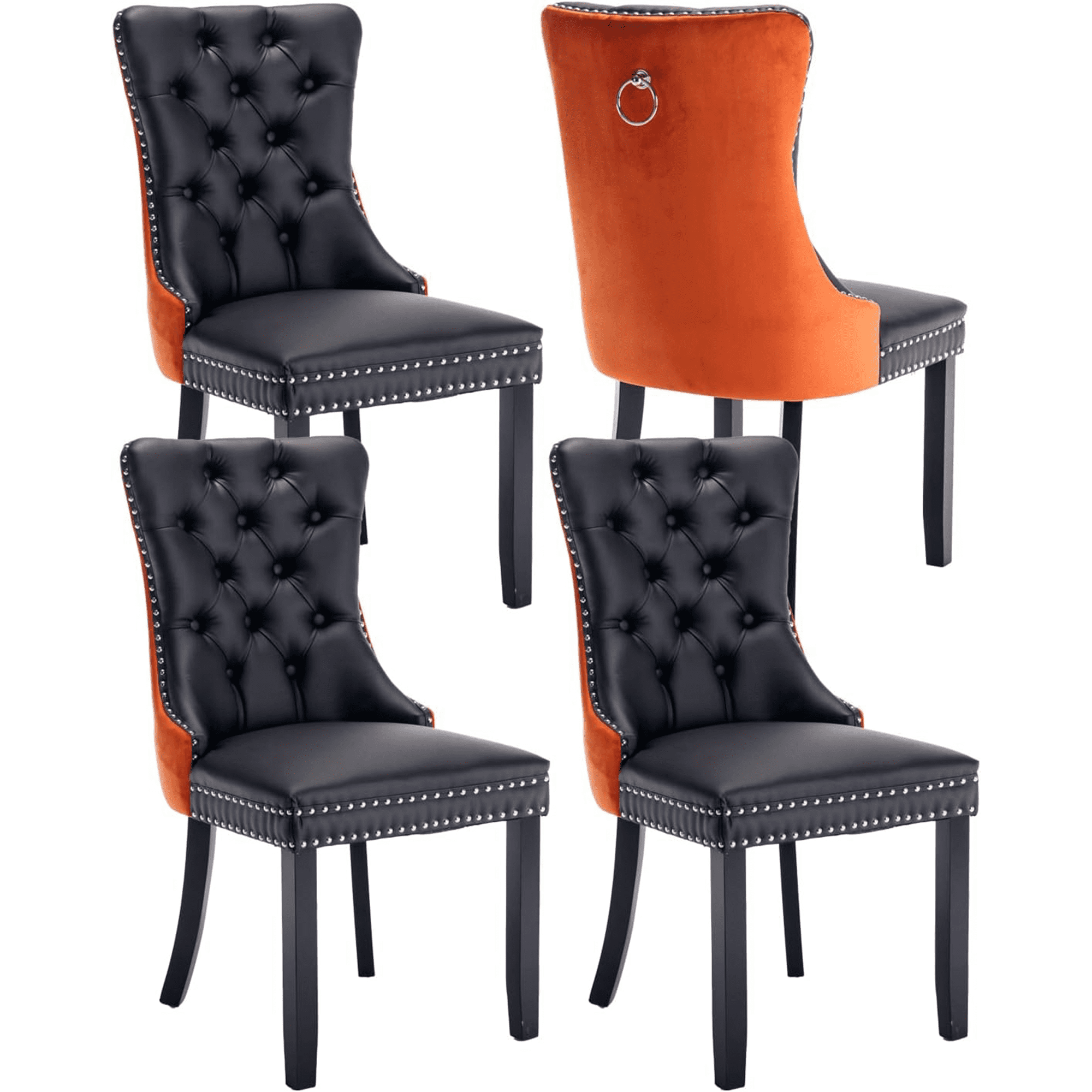 LegaHome Dining Room Chairs Set of 4, Modern Upholstered Velvet and PU Leather Dining Chair with Nailhead Trim and Solid Wood Legs, Tufted Button Padded Kitchen Dining Chairs Set, Orange&Black
