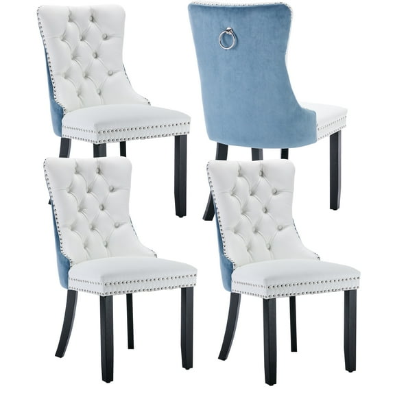 LegaHome Dining Room Chairs Set of 4, Modern Upholstered Velvet and PU Leather Dining Chair with Nailhead Trim&Solid Wood Legs, Tufted Button Padded Kitchen Dining Chairs Set, White&Light Blue