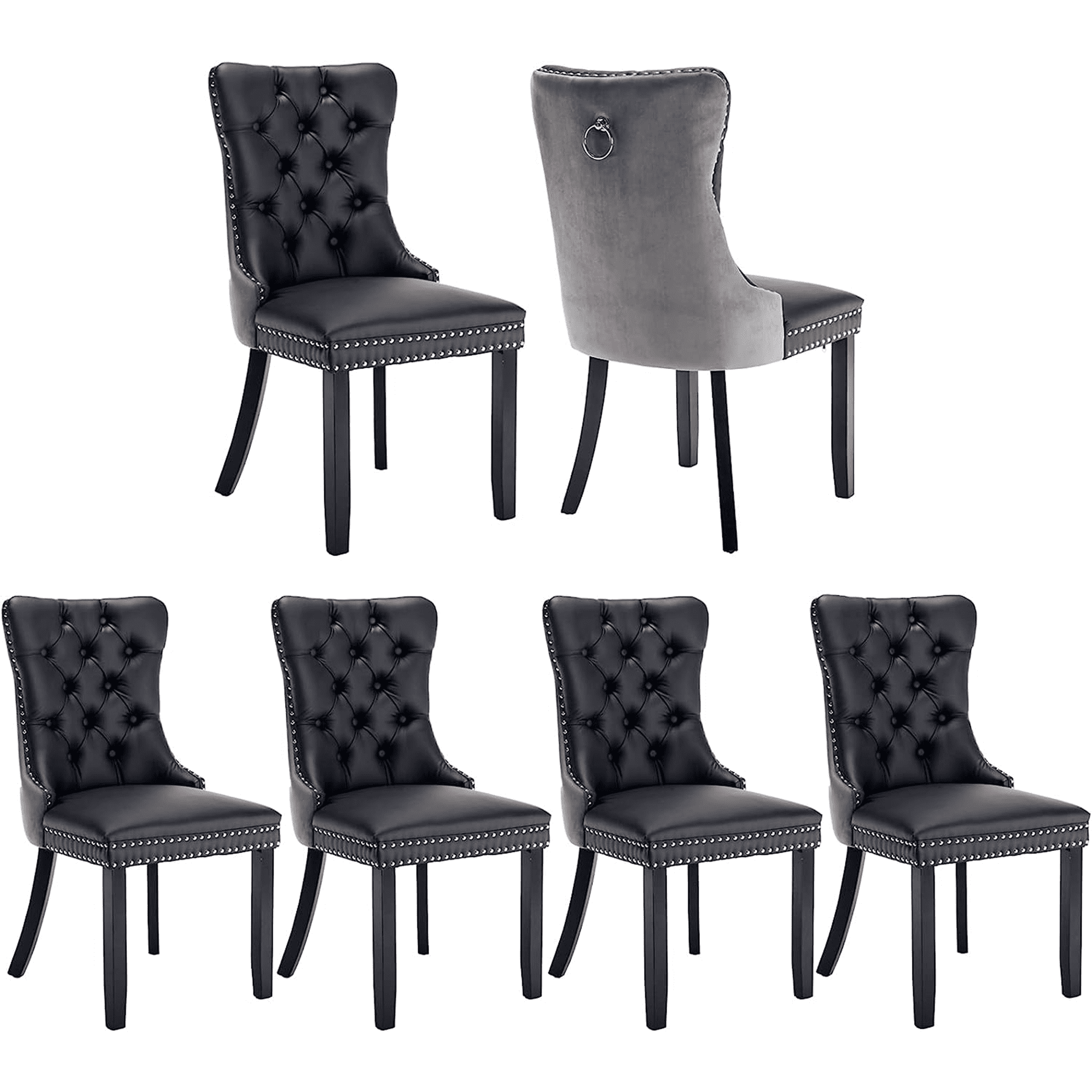 LegaHome Dining Room Chairs Set of 6, Modern Upholstered Velvet and PU Leather Dining Chair with Nailhead Trim and Solid Wood Legs, Tufted Button Padded Chairs Set for Kitchen Dining Room, Gray&Black
