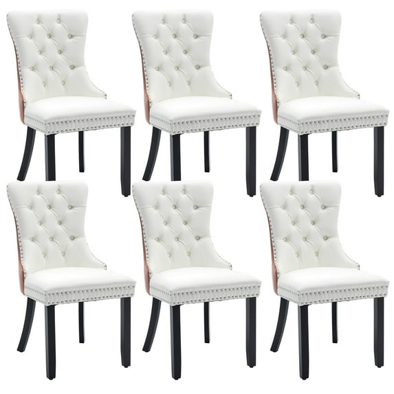 LegaHome Dining Room Chairs Set of 6, Modern Upholstered Velvet and PU Leather Dining Chair with Nailhead Trim&Solid Wood Legs, Tufted Button Padded Kitchen Dining Chairs Set, White&Pink