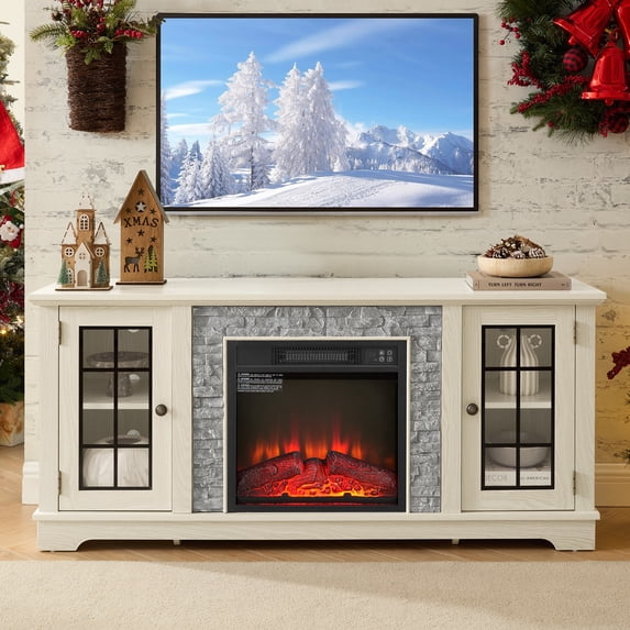 Fireplace TV Stand for TVs up to 65", Paproos Farmhouse TV Stand with 18" Electric Fireplace, Entertainment Center Televison Console Table with Realistic Stacked Stone & Adjustable Shelves, White