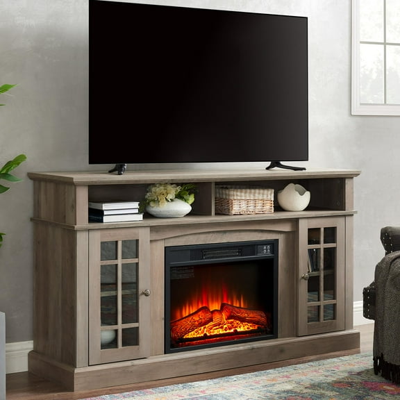 PAPROOS Fireplace TV Stand for 65 Inch TV, Modern Farmhouse TV Cabinet with 23'' Electric Fireplace, Entertainment Center Television Console Table for Living Room, Gray