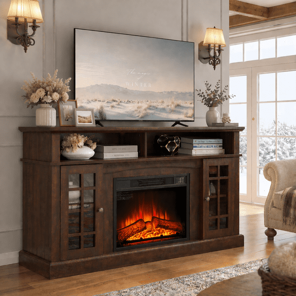 PAPROOS Fireplace TV Stand for 65 Inch TV, Modern Farmhouse TV Cabinet with 23'' Electric Fireplace, Entertainment Center Television Console Table for Living Room, Brown