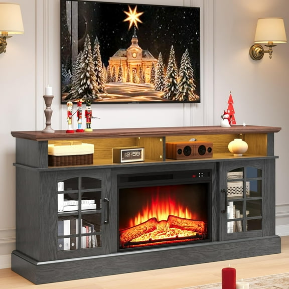 PAPROOS Fireplace TV Stand for 65 Inch TV, Modern Farmhouse TV Cabinet with 23'' Electric Fireplace, Entertainment Center Television Console Table for Living Room, Black+Brown