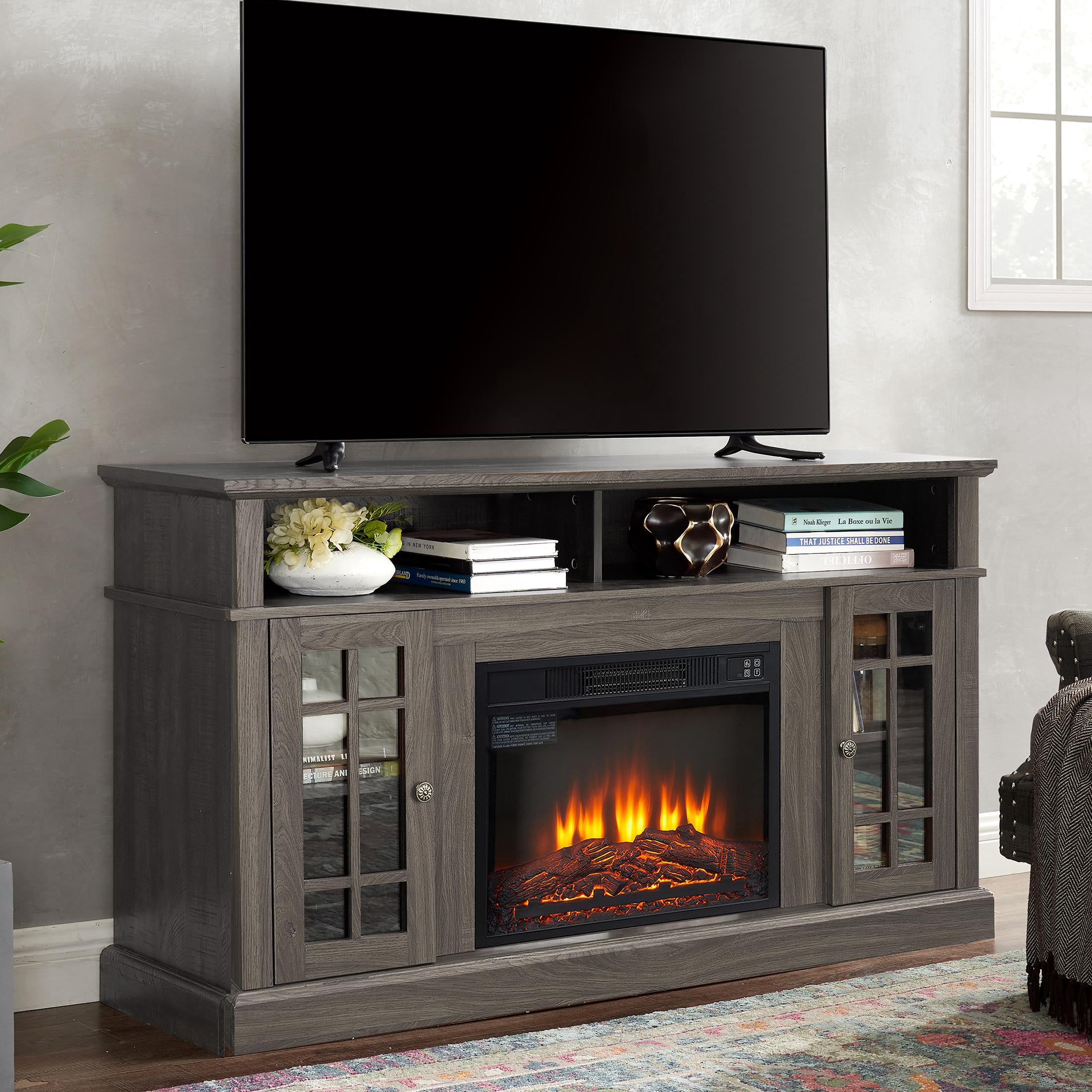 PAPROOS Fireplace TV Stand for 65 Inch TV, Modern Farmhouse TV Cabinet with 23'' Electric Fireplace, Entertainment Center Television Console Table for Living Room, Dark Walnut