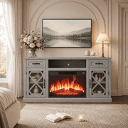 PAPROOS 59" Fireplace TV Stand for TVs up to 65", Modern Farmhouse Entertainment Center with 23" Electric Fireplace, 2 Drawers and 2 Cabinets, Gray