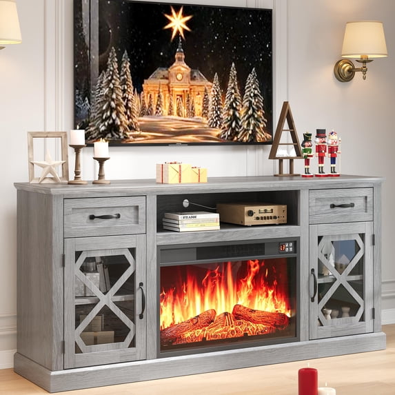 PAPROOS Fireplace TV Stand for 65 Inch TV, Modern Farmhouse TV Cabinet with 23'' Electric Fireplace, Entertainment Center Television Console Table for Living Room, Gray