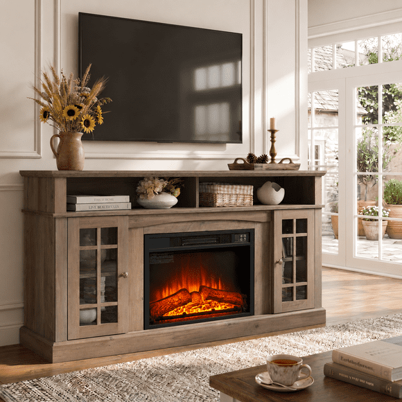 PAPROOS Fireplace TV Stand for 65 Inch TV, Modern Farmhouse TV Cabinet with 23'' Electric Fireplace, Entertainment Center Television Console Table for Living Room, Gray