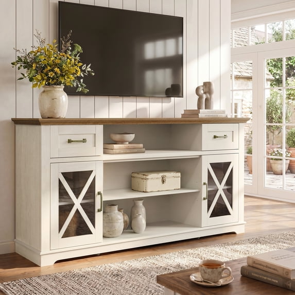 LEGAHOME 63 Inch White Farmhouse TV Cabinet with Storage, TV Stand for TVs Up to 70 Inch, Media Console Entertainment Center with Glass Doors, Drawers and Open Shelves