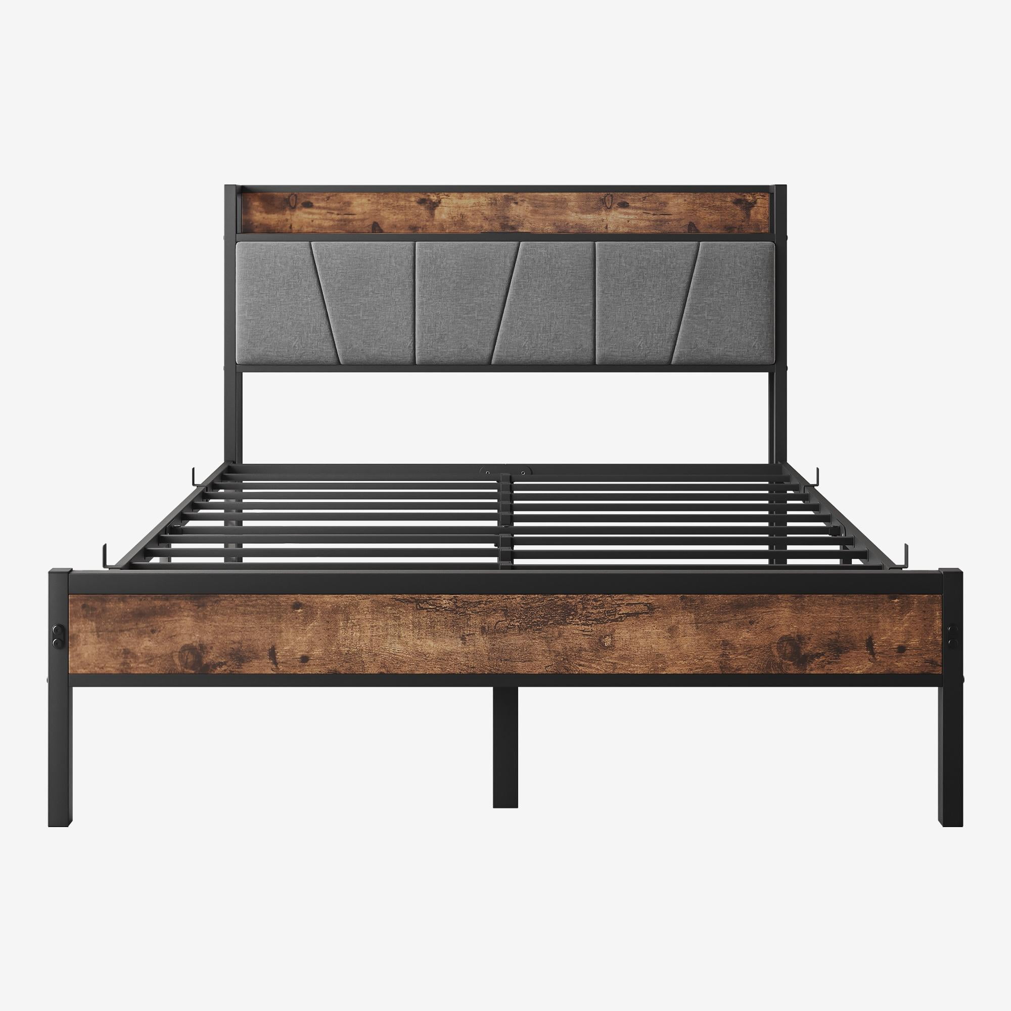 Full Size Black Metal Bed Frame with Gray Upholstered Headboard and Storage