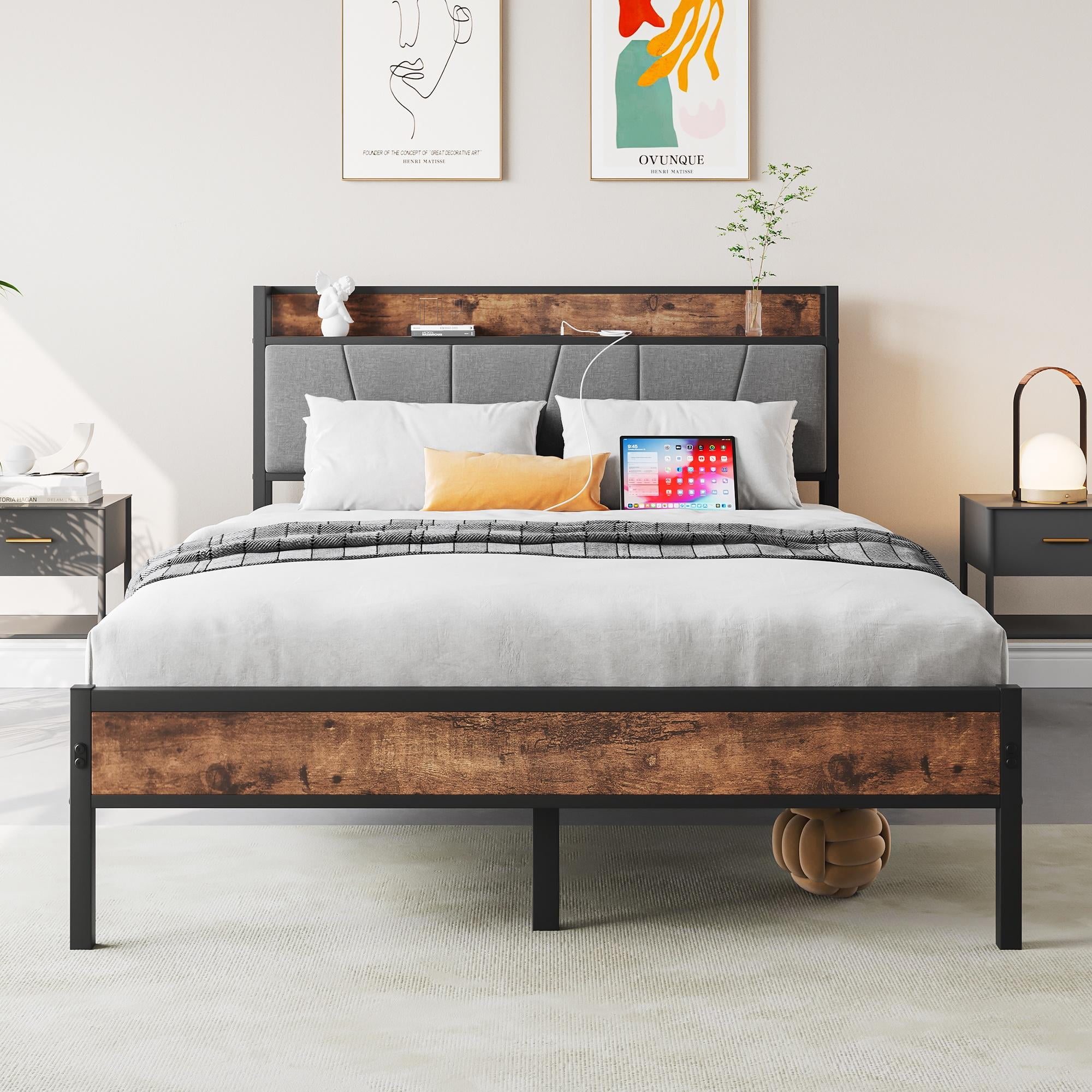 Full Size Black Metal Platform Bed with Gray Upholstered Headboard and Storage